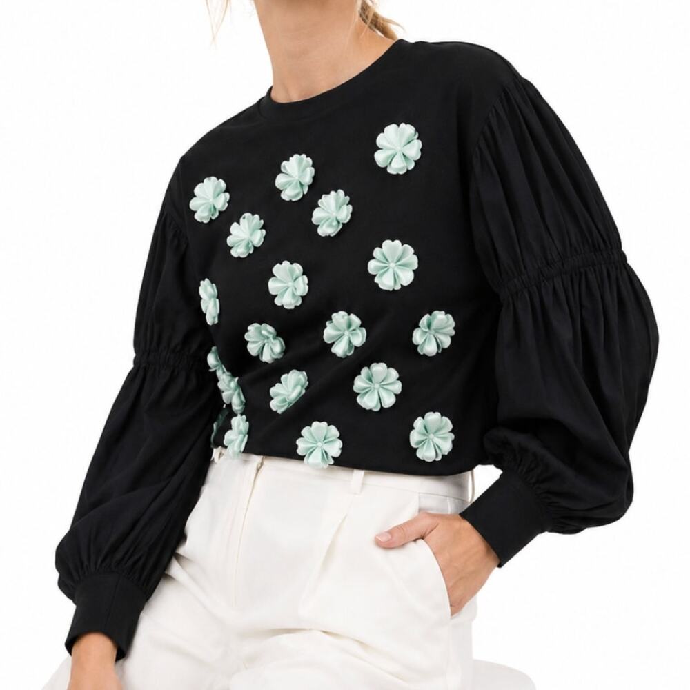 PASKAL Black 3D Floral Appliqué Puff Sleeve Cropped Top Size S Designer Luxury